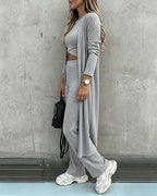 Three-Piece Knit Set with Long Cardigan and Wide Leg