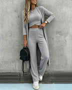 Three-Piece Knit Set with Long Cardigan and Wide Leg
