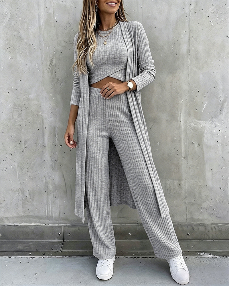 Three-Piece Knit Set with Long Cardigan and Wide Leg