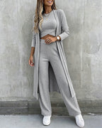 Three-Piece Knit Set with Long Cardigan and Wide Leg
