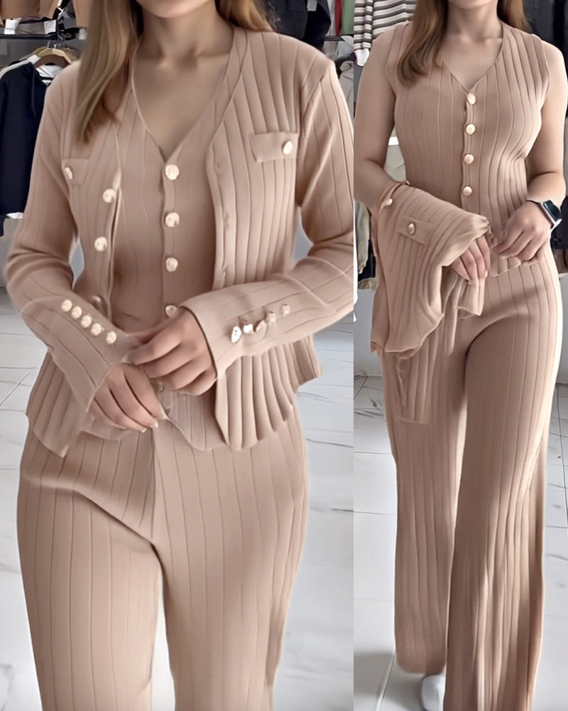 Three-Piece Knit Set with Long Coat and Wide Trousers - Khaki