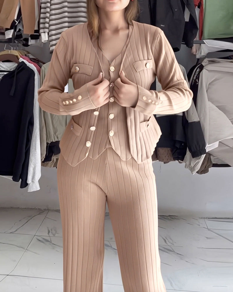 Three-Piece Knit Set with Long Coat and Wide Trousers - Khaki