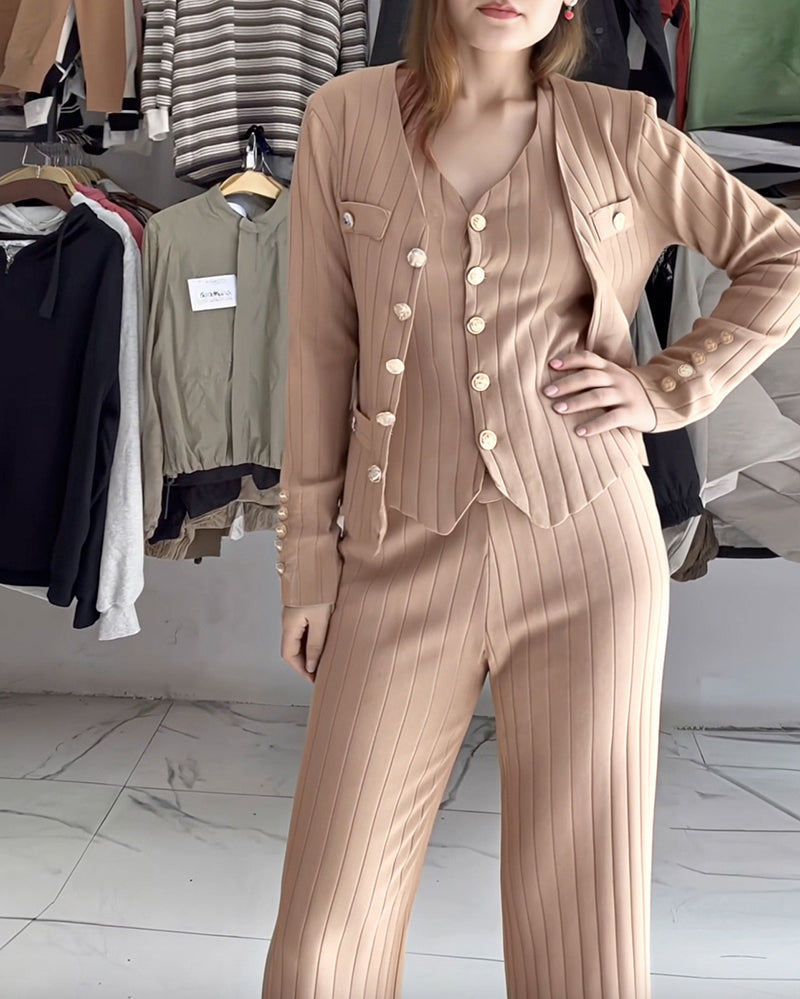 Three-Piece Knit Set with Long Coat and Wide Trousers - Khaki
