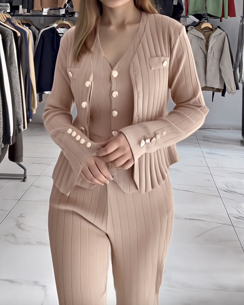 Three-Piece Knit Set with Long Coat and Wide Trousers - Khaki