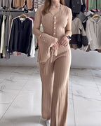 Three-Piece Knit Set with Long Coat and Wide Trousers - Khaki