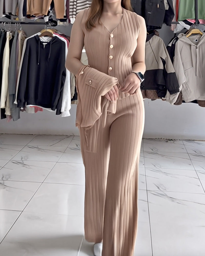 Three-Piece Knit Set with Long Coat and Wide Trousers - Khaki
