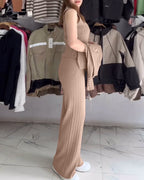 Three-Piece Knit Set with Long Coat and Wide Trousers - Khaki