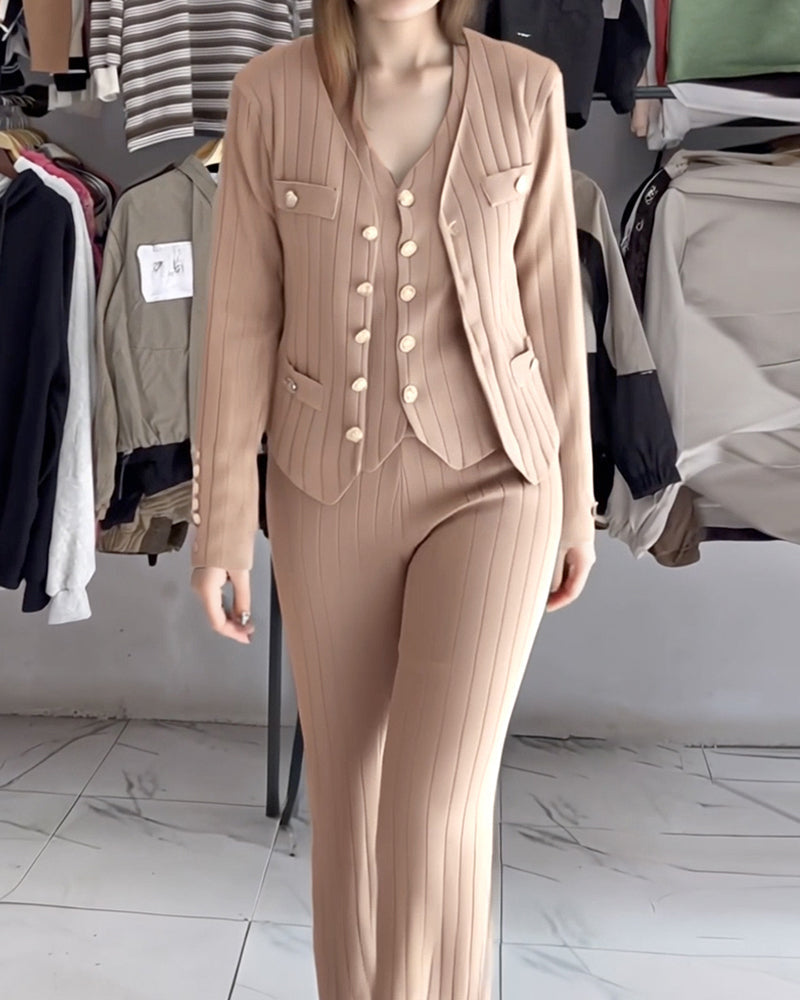 Three-Piece Knit Set with Long Coat and Wide Trousers - Khaki