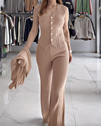 Three-Piece Knit Set with Long Coat and Wide Trousers - Khaki
