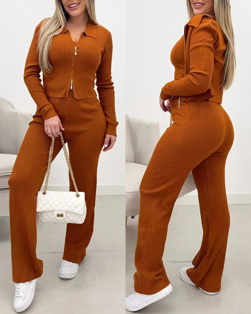 Three-Piece Knit Set with Zip Coat and Bootcut Trousers - Brown