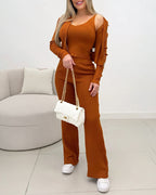 Three-Piece Knit Set with Zip Coat and Bootcut Trousers - Brown