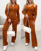 Three-Piece Knit Set with Zip Coat and Bootcut Trousers - Brown