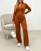 Three-Piece Knit Set with Zip Coat and Bootcut Trousers - Brown