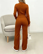 Three-Piece Knit Set with Zip Coat and Bootcut Trousers - Brown