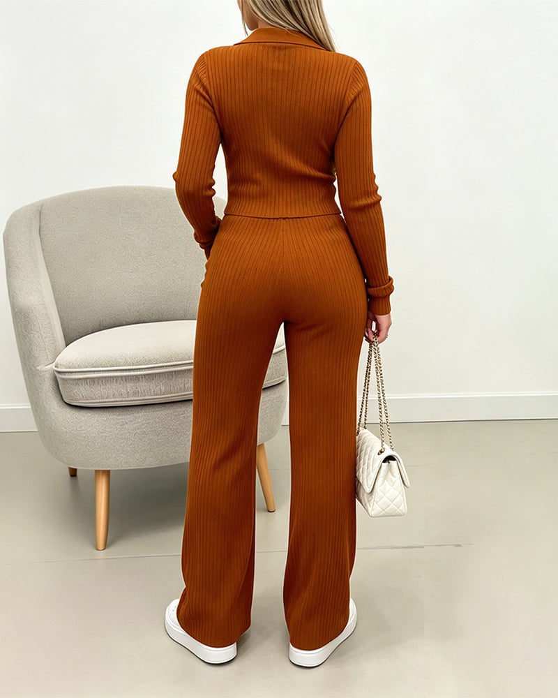 Three-Piece Knit Set with Zip Coat and Bootcut Trousers - Brown