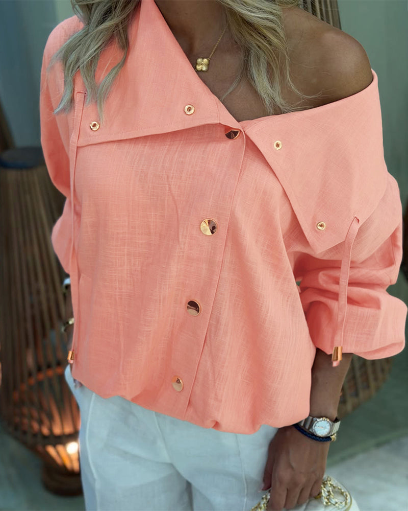 Turn-Down Collar Blouse with Drawstring and Gold Buttons