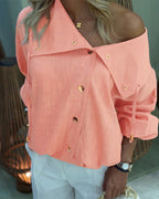 Turn-Down Collar Blouse with Drawstring and Gold Buttons