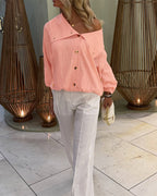 Turn-Down Collar Blouse with Drawstring and Gold Buttons