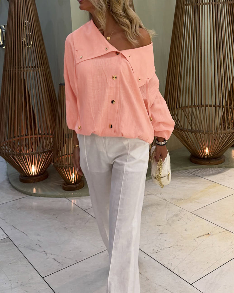 Turn-Down Collar Blouse with Drawstring and Gold Buttons