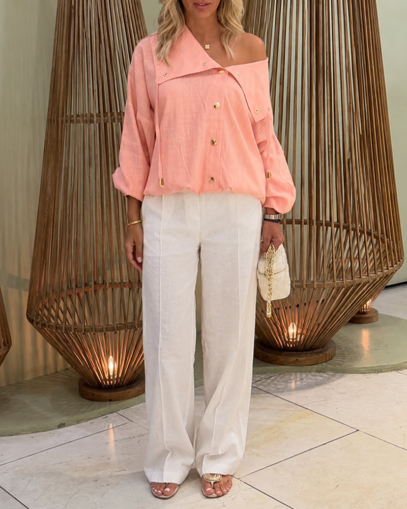 Turn-Down Collar Blouse with Drawstring and Gold Buttons