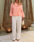 Turn-Down Collar Blouse with Drawstring and Gold Buttons