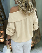 Turn-Down Collar Blouse with Drawstring and Gold Buttons