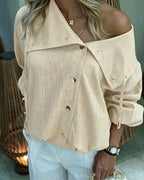 Turn-Down Collar Blouse with Drawstring and Gold Buttons