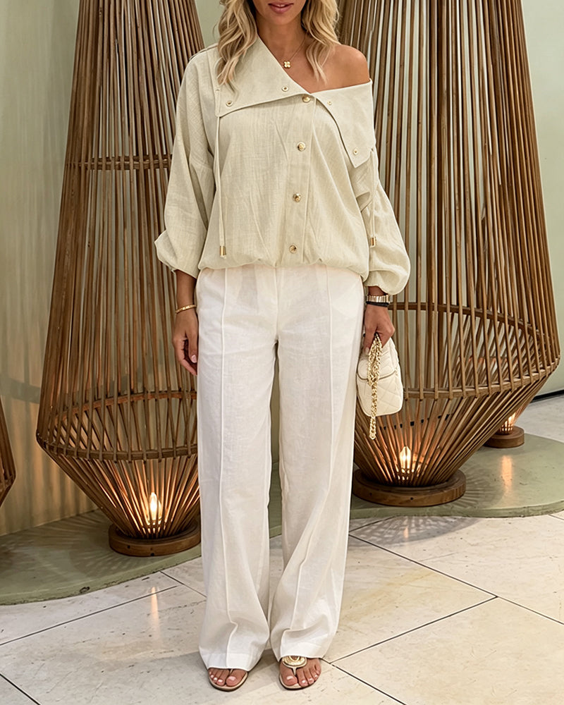 Turn-Down Collar Blouse with Drawstring and Gold Buttons