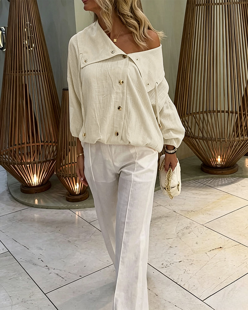 Turn-Down Collar Blouse with Drawstring and Gold Buttons