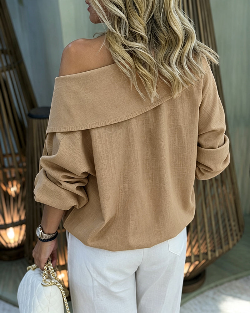 Turn-Down Collar Blouse with Drawstring and Gold Buttons