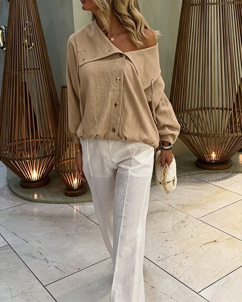Turn-Down Collar Blouse with Drawstring and Gold Buttons