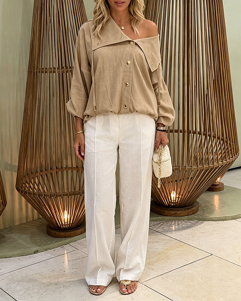 Turn-Down Collar Blouse with Drawstring and Gold Buttons