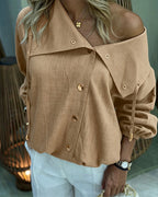 Turn-Down Collar Blouse with Drawstring and Gold Buttons