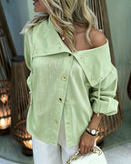 Turn-Down Collar Blouse with Drawstring and Gold Buttons - Light Green