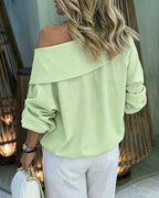 Turn-Down Collar Blouse with Drawstring and Gold Buttons