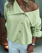 Turn-Down Collar Blouse with Drawstring and Gold Buttons