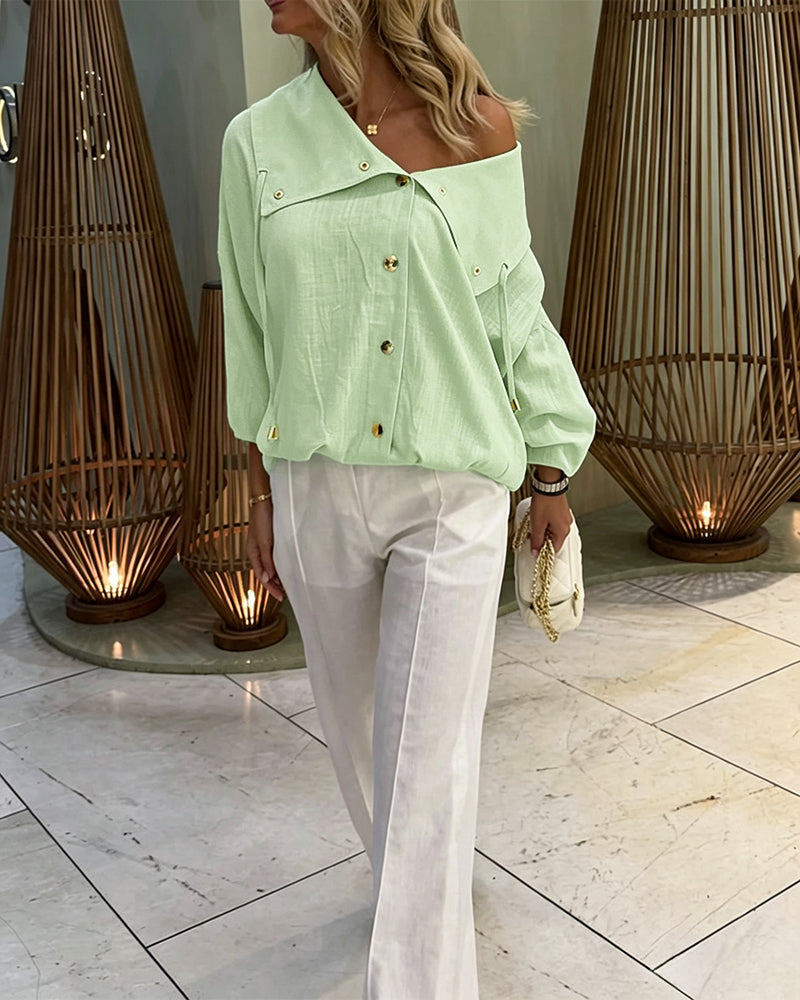 Turn-Down Collar Blouse with Drawstring and Gold Buttons