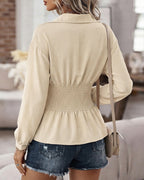 Turn-Down Collar Blouse with Shirred Waist and Peplum - Apricot