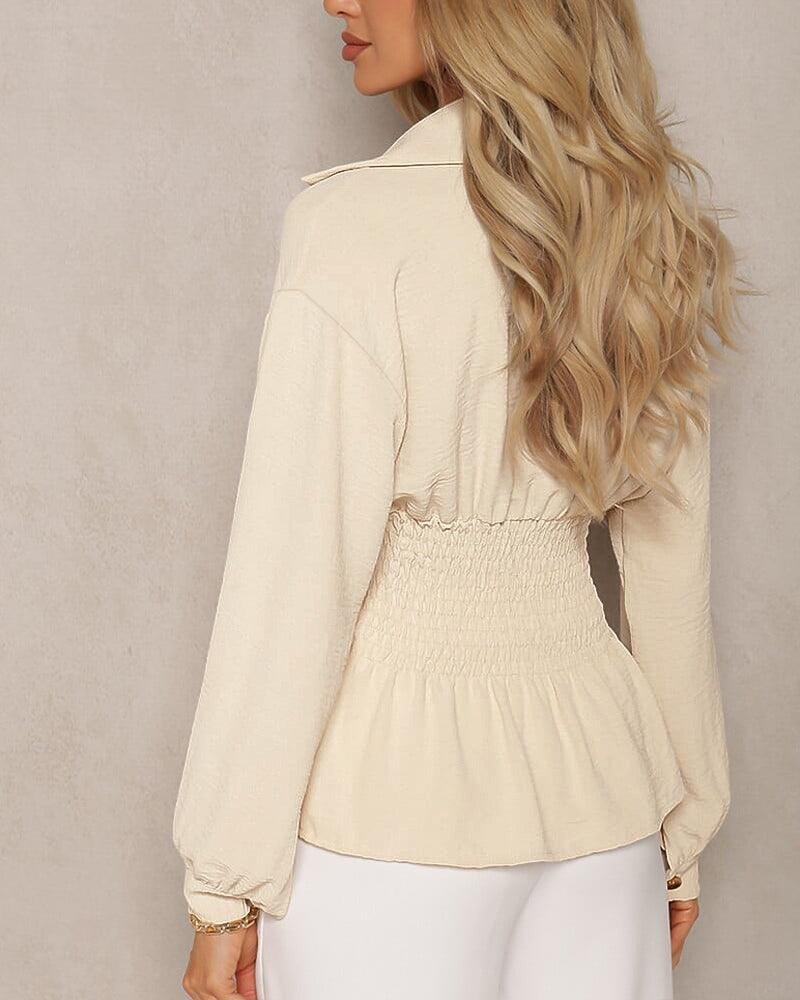 Turn-Down Collar Blouse with Shirred Waist and Peplum - Apricot