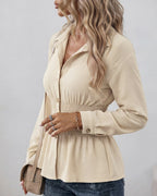 Turn-Down Collar Blouse with Shirred Waist and Peplum - Apricot