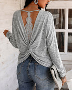 Twist-Back Knit Top with Lace Panel and Long Sleeves