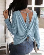 Twist-Back Knit Top with Lace Panel and Long Sleeves - Blue