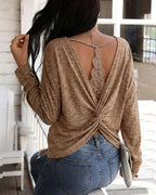 Twist-Back Knit Top with Lace Panel and Long Sleeves - Coffee