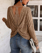 Twist-Back Knit Top with Lace Panel and Long Sleeves