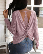 Twist-Back Knit Top with Lace Panel and Long Sleeves - Pink