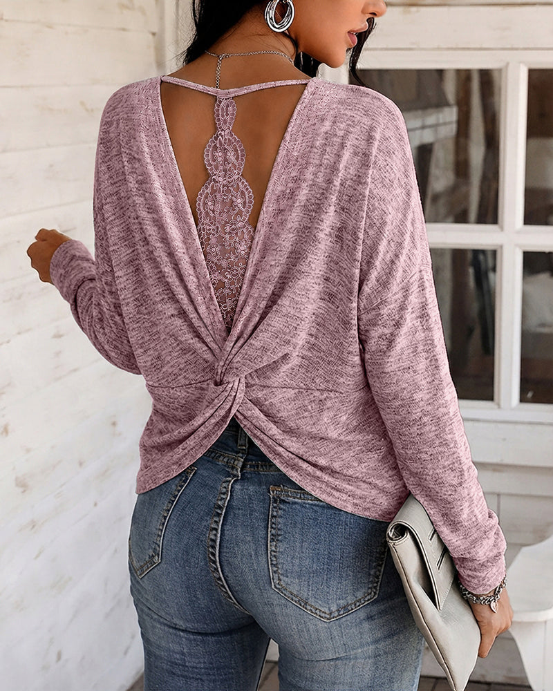 Twist-Back Knit Top with Lace Panel and Long Sleeves