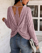 Twist-Back Knit Top with Lace Panel and Long Sleeves