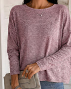 Twist-Back Knit Top with Lace Panel and Long Sleeves