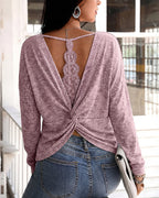 Twist-Back Knit Top with Lace Panel and Long Sleeves
