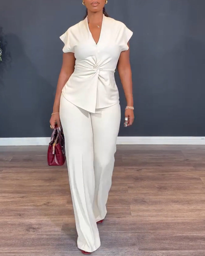 Twist-Front Top and High-Waisted Straight Trouser Set - White
